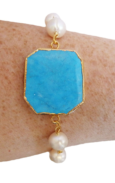 Luxury Turquoise Octagon & Cultured Pearl Double Gemstone Bracelet