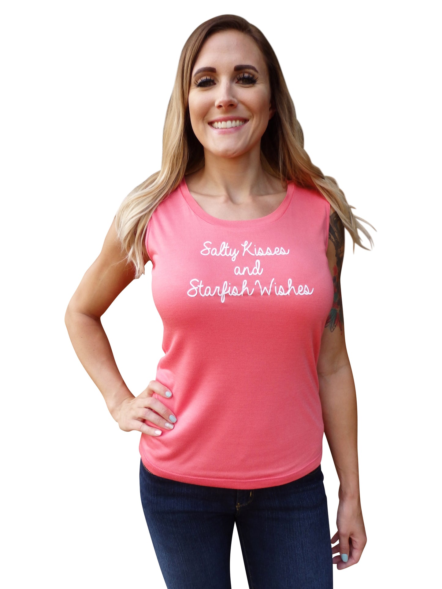 Salty Kisses Quote Coral Tank Top
