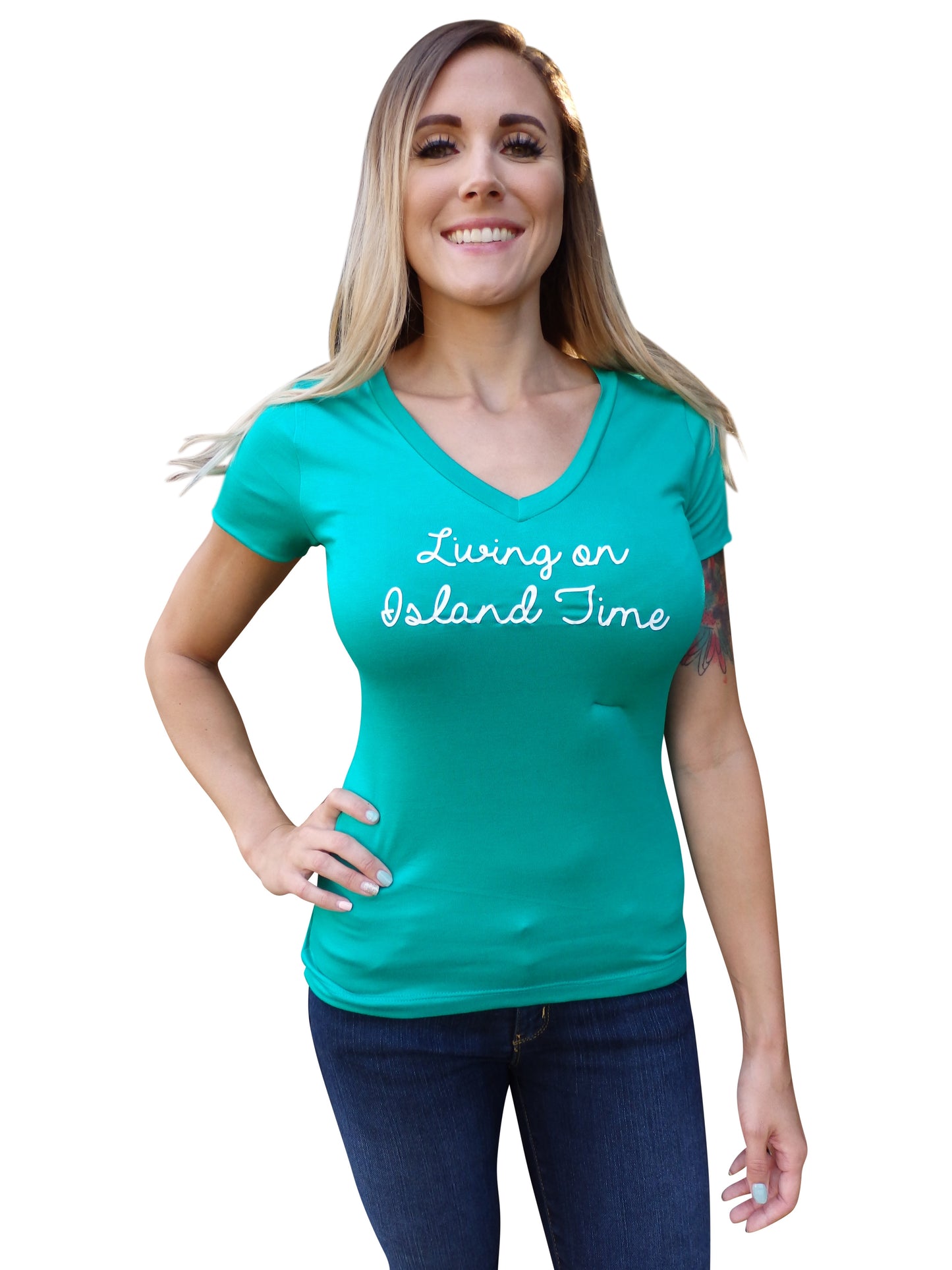Living on Island Time Quote Kelly Green V Neck Top