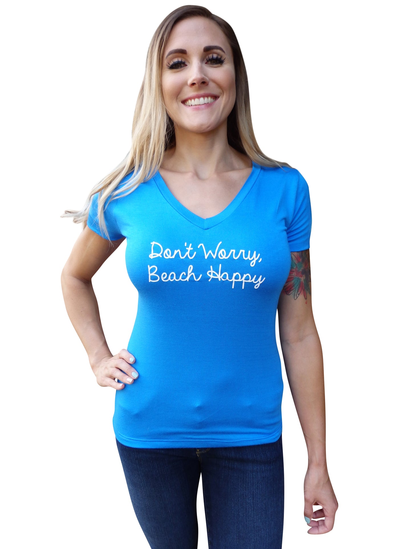 Don't Worry Quote Ocean Blue V Neck Top