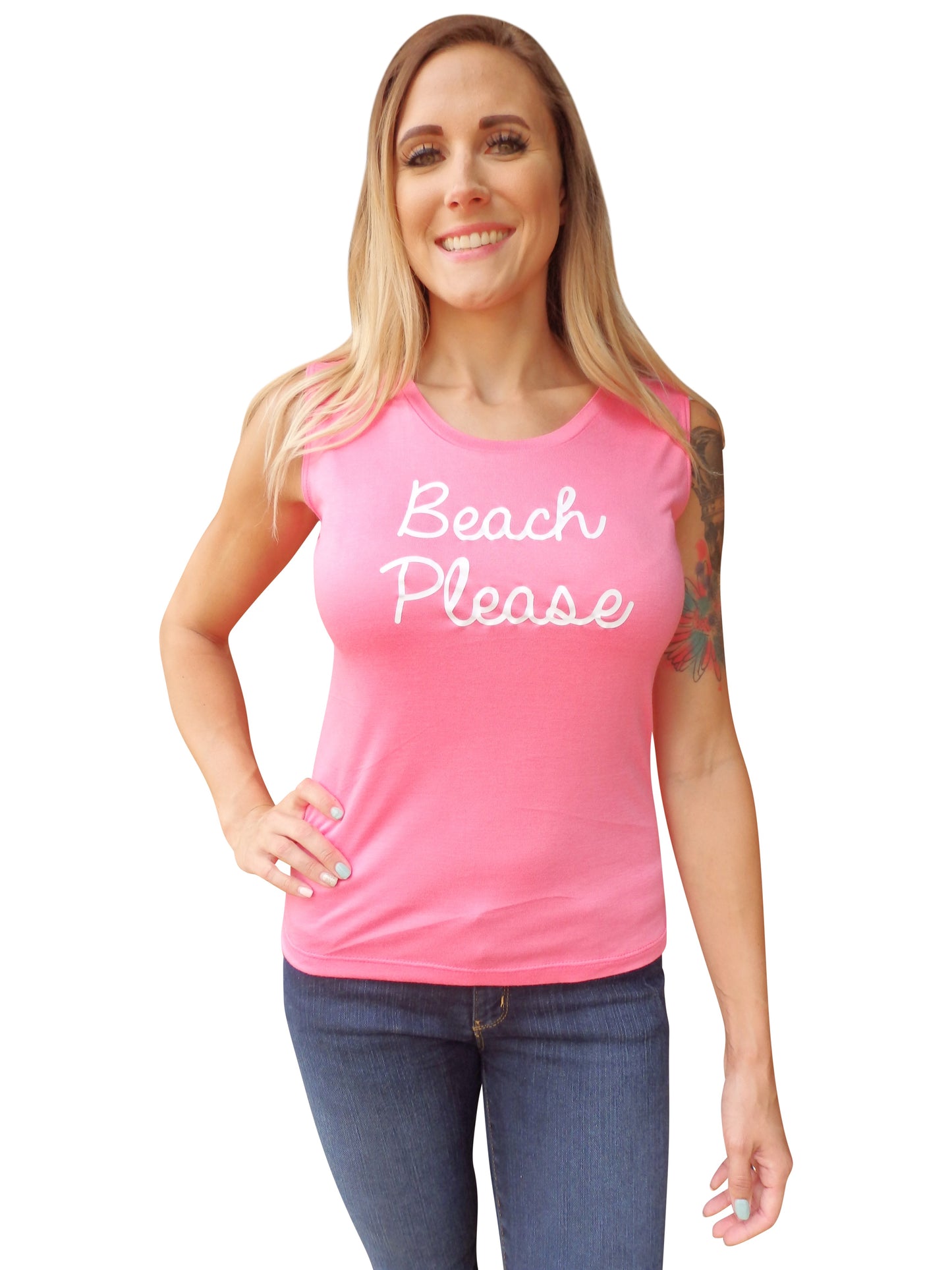 Beach Please Quote Pink Tank Top