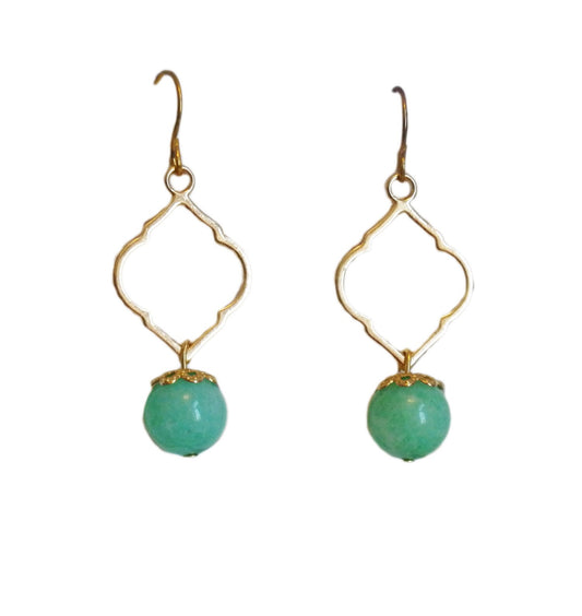 Gold Quartefoil Green Aqate Earrings