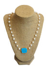 Luxury Turquoise Octagon & Pearl Cultured Pearl Gemstone Necklace